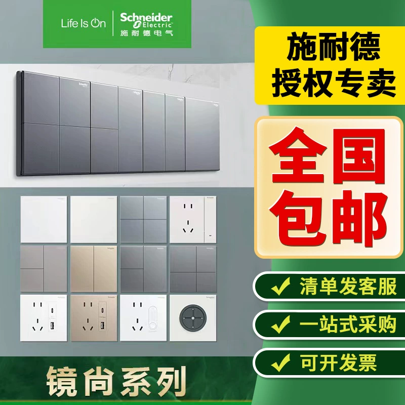 Розетка-выключатель Schneider с двумя или тремя гнездами, одинарный выключатель с функцией возврата, одинарное/двойное управление, настенное крепление с пятью отверстиями для быстрой зарядки USB.