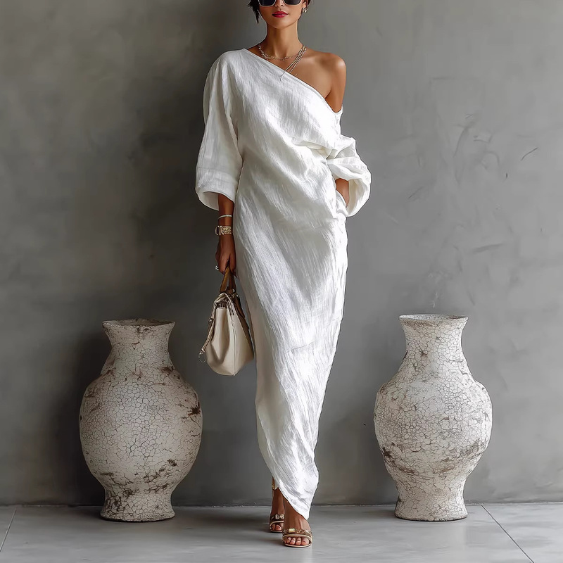 2026 European and American Cross-Border Spring and Autumn New Women's Ivory White Cotton-Linen Blend One-Shoulder Flowing Elegant Dress 2026 European and American Cross-Border Spring and Autumn New Women's Ivory White Cotton-Linen Blend One-Shoulder Flowing Elegant Dress