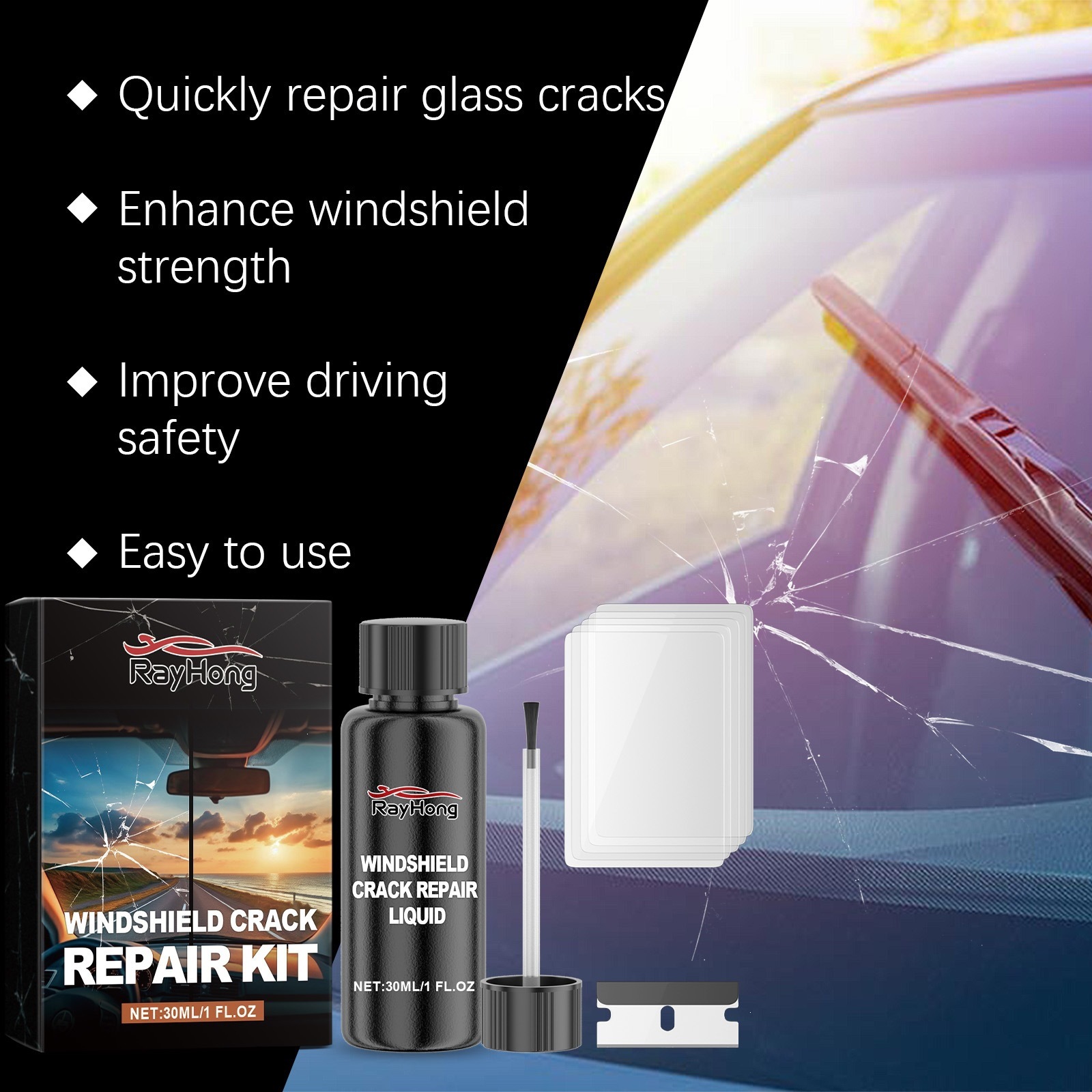 Rayhong Car Windshield Fluid Glass Nano Repair Kit for Clear Vision Through Cracks