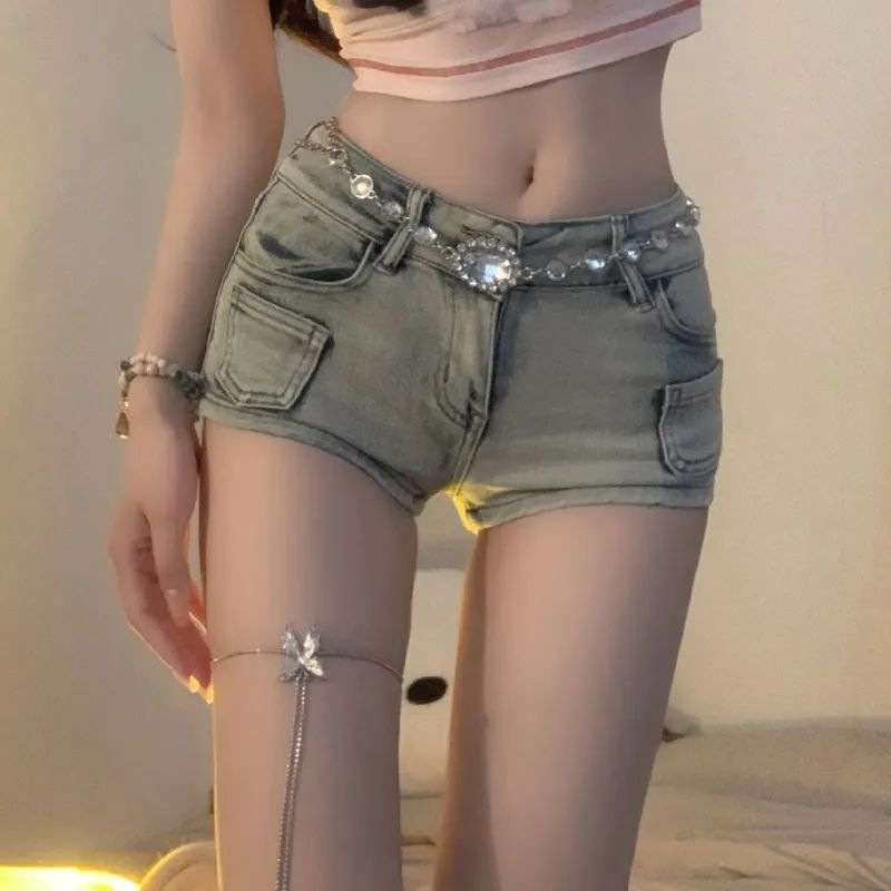 아메리칸 스타일 스파이스 소녀 레트로 낮은 허리 데님 슈퍼 반바지 여성 2024 년 여름 새로운 슬림 핏 슬리밍 쉬스 와이드 레그 핫 팬츠
