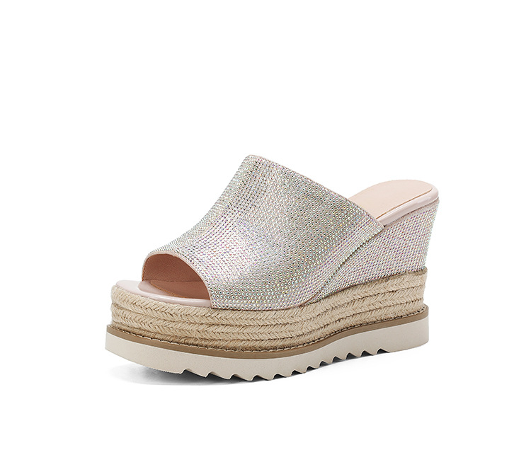 Sandal cao gót nữ đế xuồng đan rơm mũi hở đính đá — màu hồng nhạt, bạc chi tiết 16