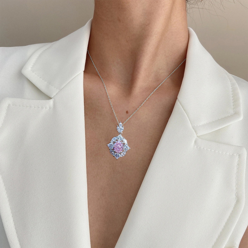 Wilsheng joyería nueva plata esterlina S925 alto carbono diamante colgante exquisita moda Rosa hielo flor corte alto carbono diamante collar