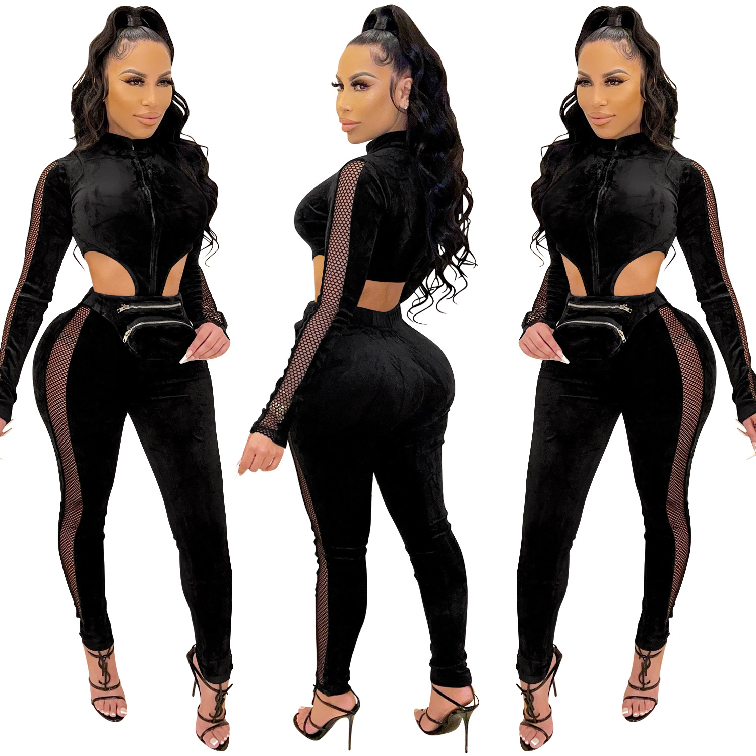 Velet See-Through Zipper Long-Sleeved Hollow Jumpsuit NSFYZ113206