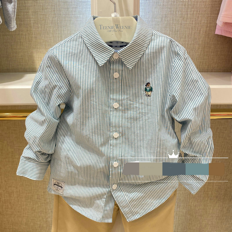 現貨TKYS211201B 21春款新品卡通繡花男童條紋休閑長袖襯衫
