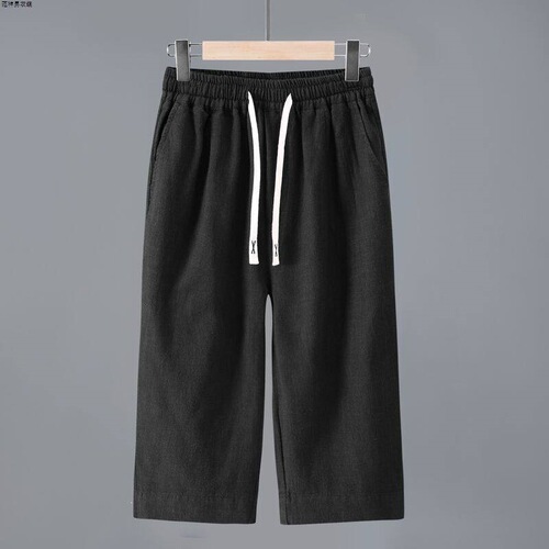 High-end pure color linen men's over-the-knee triceps summer breathable linen fabric mid-pants ramie horsepants short pants