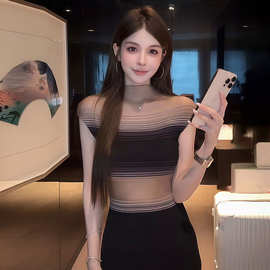 夏季辣妹性感半高领撞色拼接网纱无袖针织衫修身显瘦时尚短款上衣
