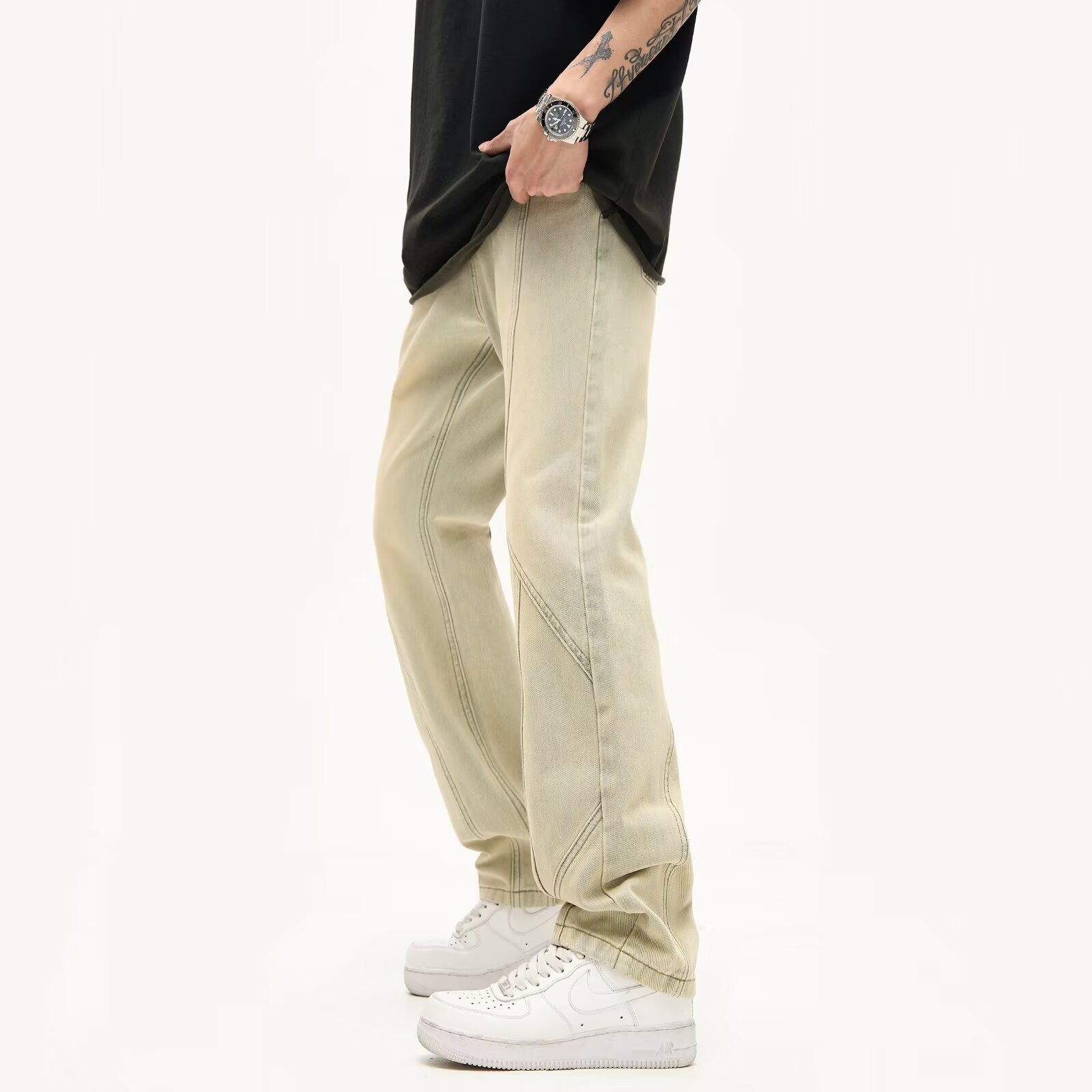 2024 verano pesado americano micro-up jeans hombres de moda slim-fit negro recto pantalones de trapeador de calle alta