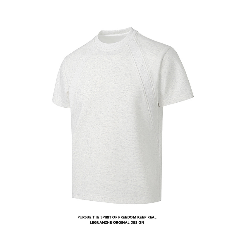 Cleanfit American Heavyweight Deconstructed Short Sleeve Men's Summer Boxy Fit T-Shirt Air Layer Patchwork Gray Top_voghion.com