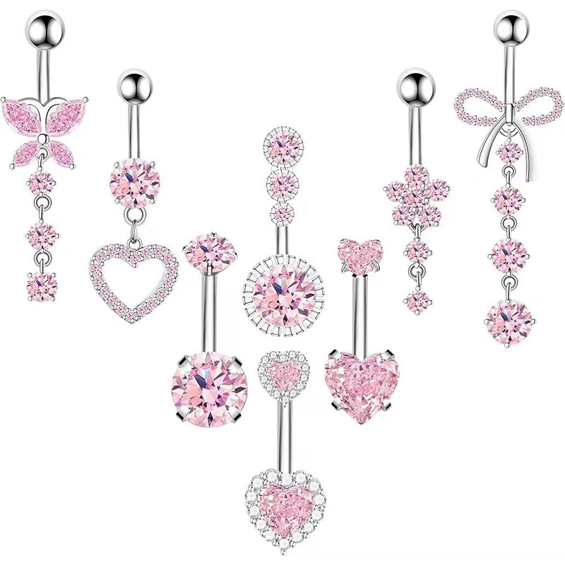 Set di otto pezzi in acciaio inossidabile per piercing all'ombelico con cuore e fiore, intarsi in zircone, gioielli semplici per piercing all'ingrosso_voghion.com