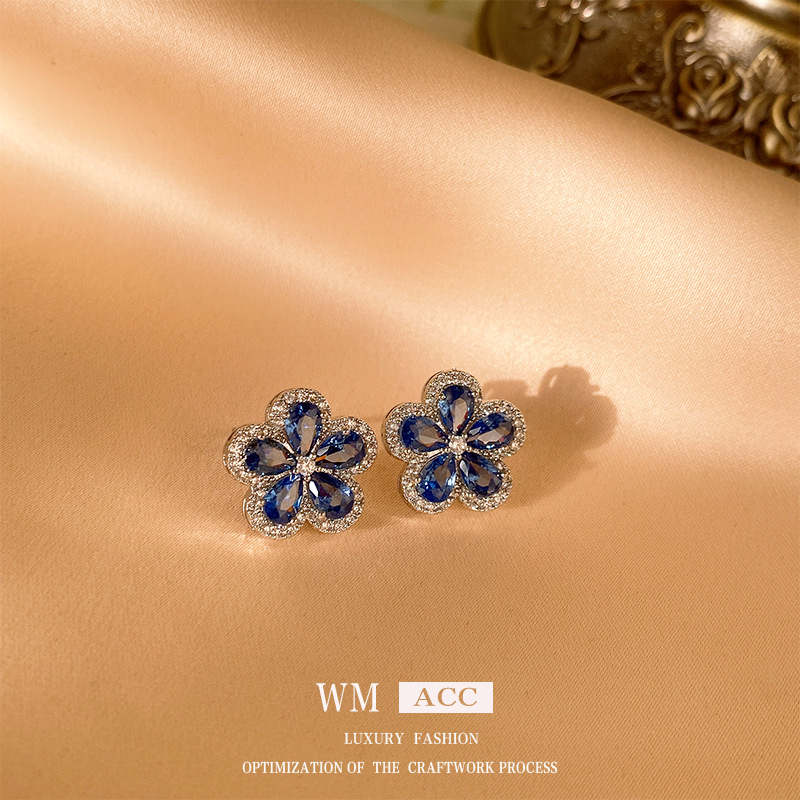 Aguja de plata azul aretes de flor de zircón estilo ligero de lujo estilo alto collar nuevo aretes al por mayor image 4