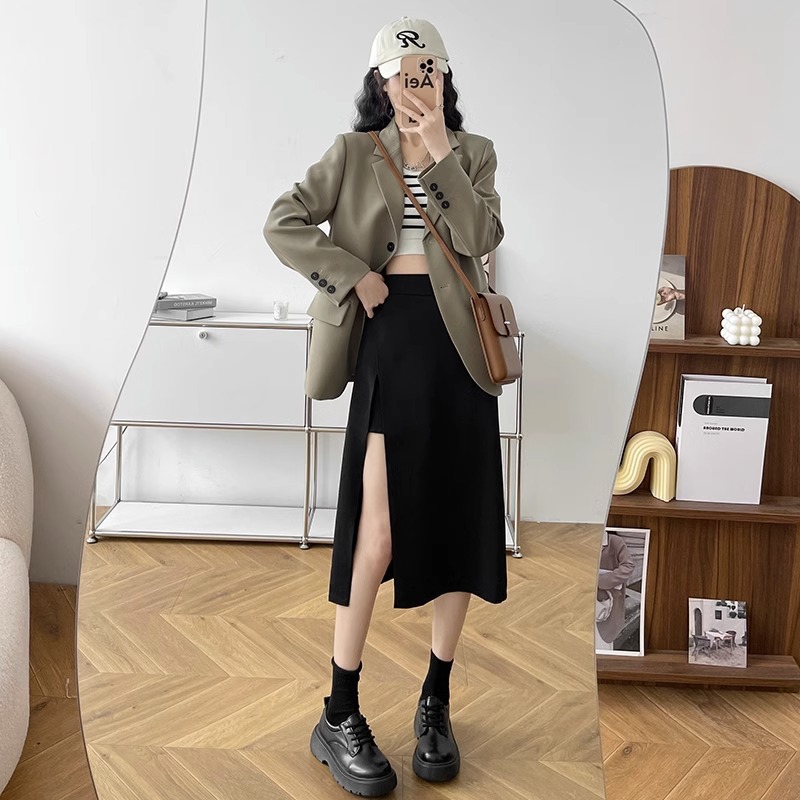 Black skirt for girls 2023 Summer mid-length high waist A- line split hip skirt new slimming one-step skirt