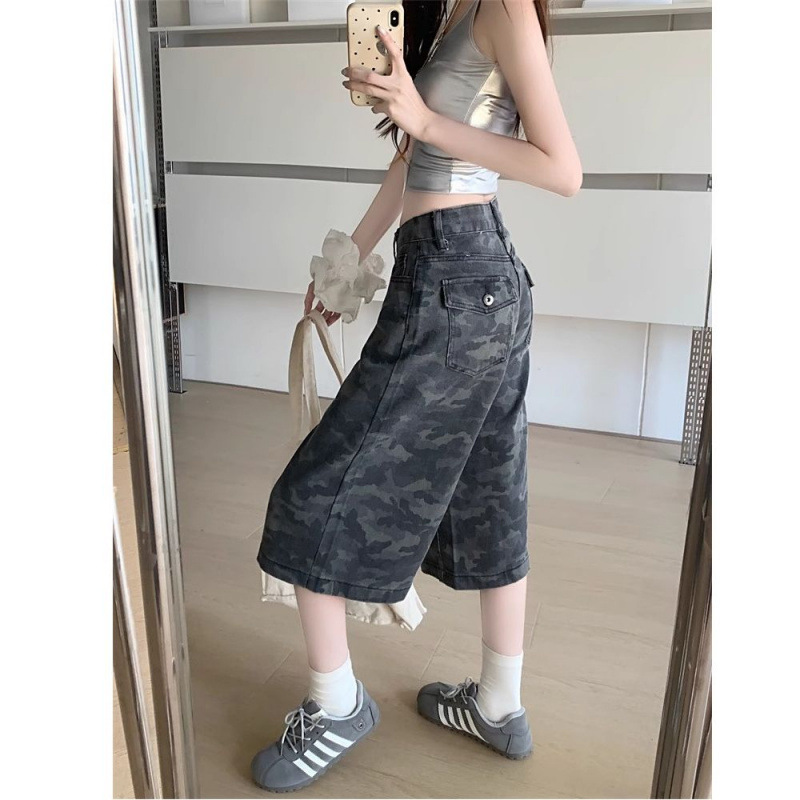 Camouflage Cropped Wide-Leg Jeans for Women, Summer New American Retro Style, High-Waisted Straight Mid-Length Shorts for Petite Figures, Trendy