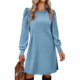2025 Amazon Independent Station Autumn and Winter Brushed Pit Strip Solid Color Round Neck Puff Sleeve Mid-Length Dress Women's Clothing
