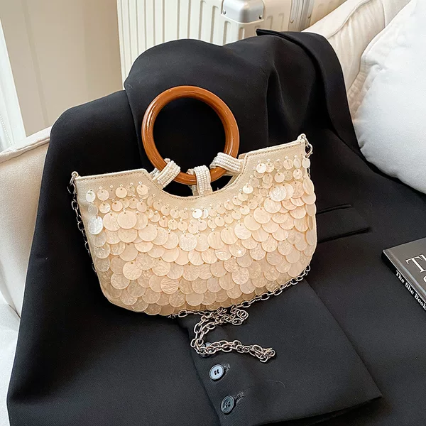 2026 Spring and Summer New Fairy-Style Handmade Shell Bag with Wooden Handle, Beach Vacation Chain Shoulder Crossbody Bag