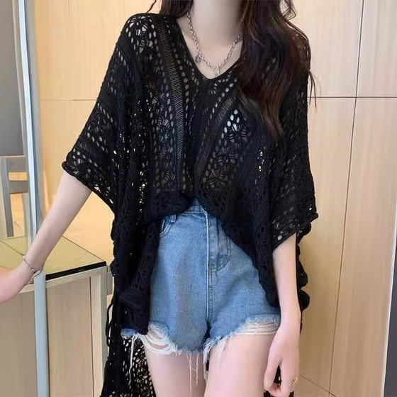 Cross-border Cut Out Short-sleeved Knitwear for Women, Lazy Style Summer Loose Large Size Thin Fashionable Sun Protection Blouse Knitwear