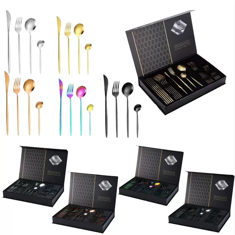 跨境葡萄牙不锈钢刀叉勺24件套西餐牛排刀叉勺木盒礼盒套装