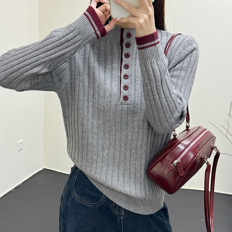 跨境妈妈装高领毛衣女套头 秋冬新款时尚内搭纽扣针织打底衫加厚|undefined