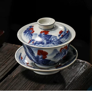 仿古草木灰陶瓷三才盖碗家用青花瓷茶碗手工制作单个泡茶杯