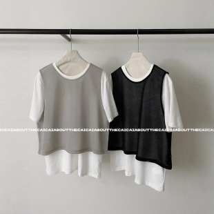 Blogger Recommends Summer Niche Design Normcore Versatile Knitted Vest T-Shirt Two-Piece Loose Round Neck Top for Women