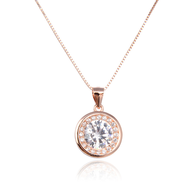 Estilo japonés y coreano de moda simple geométrica redonda clavícula cadena collar s925 plata esterlina con incrustaciones ZIRCON oro rosa colgante para las mujeres