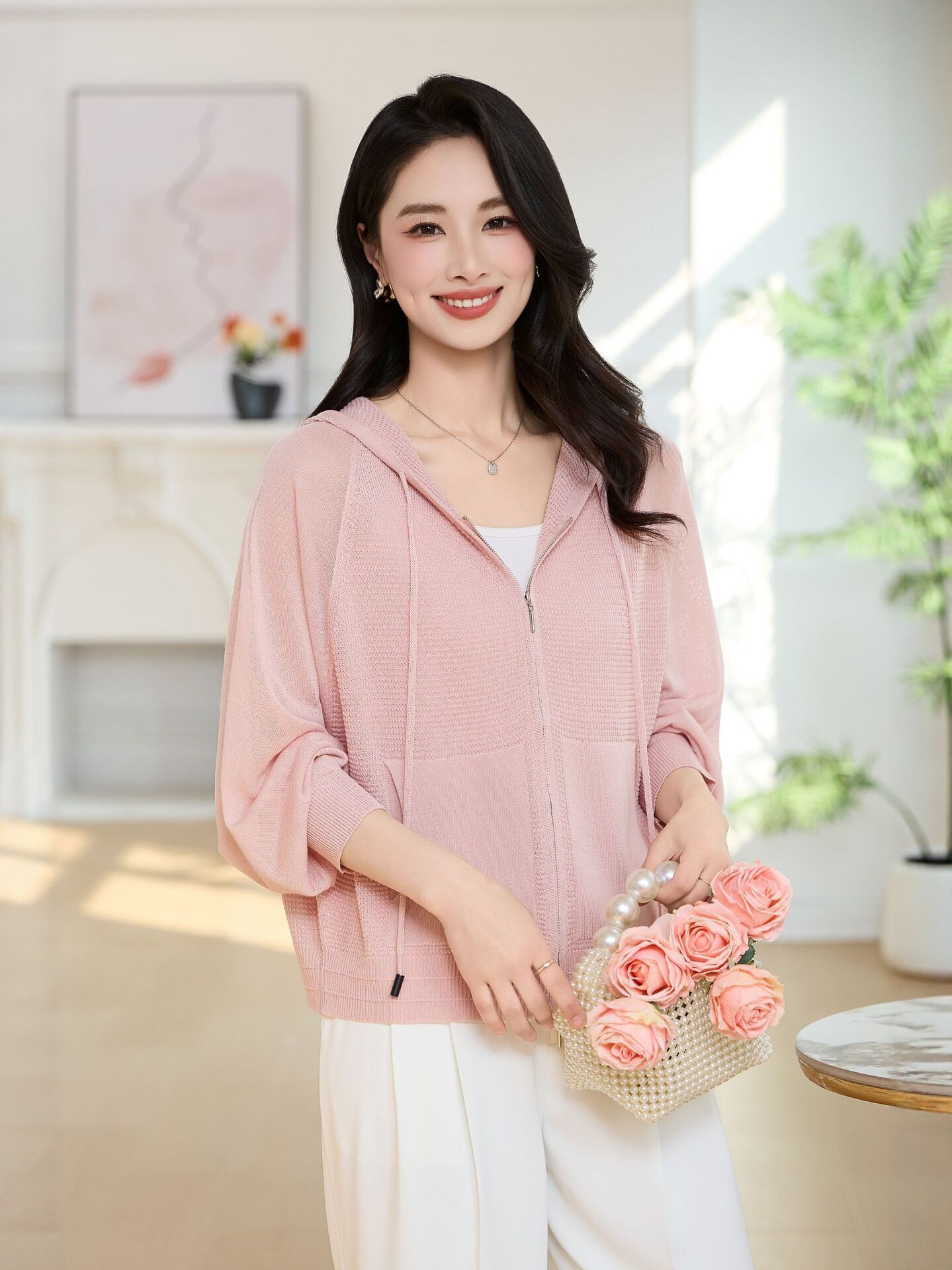 Summer New Style Ice Silk Knitted Cardigan for Women, Thin Sun Protection Jacket, V-Neck, Loose and Versatile Pink Top 9603