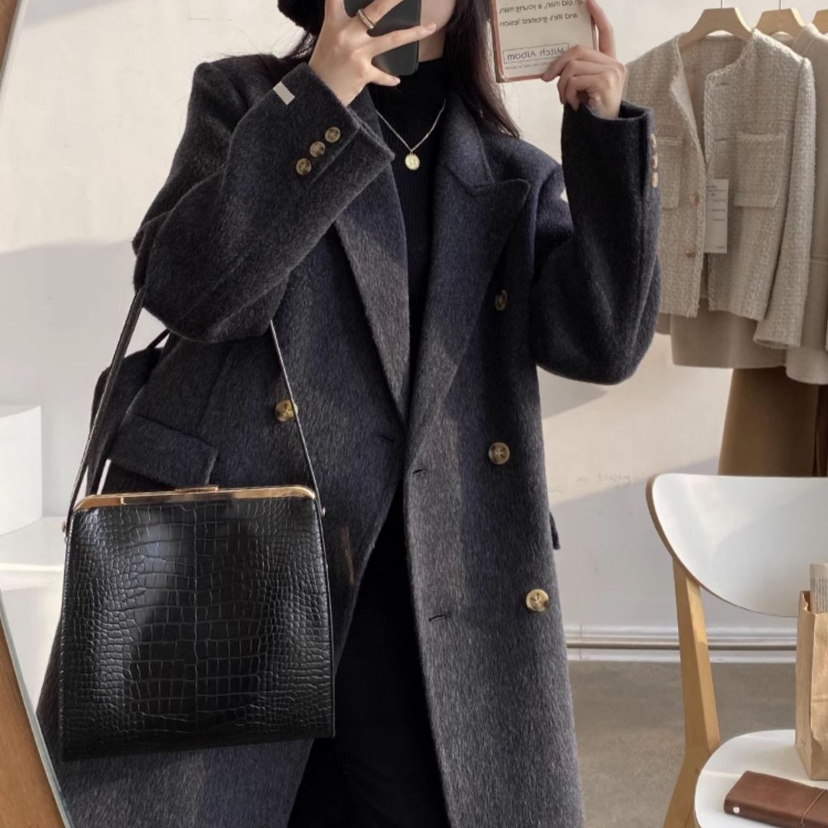 Shoulder design simple temperament South Korea suit lapel collar double-sided wool coat women's loose new woolen coat