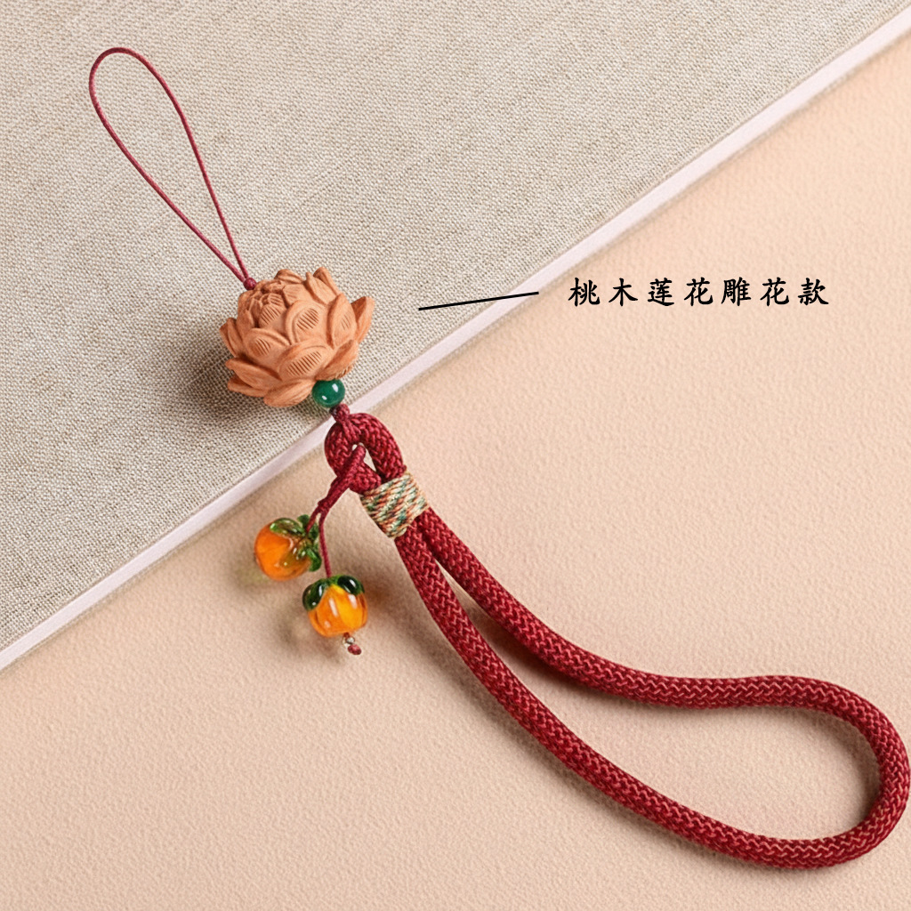 Peach wood carved model-wrist rope-burgundy