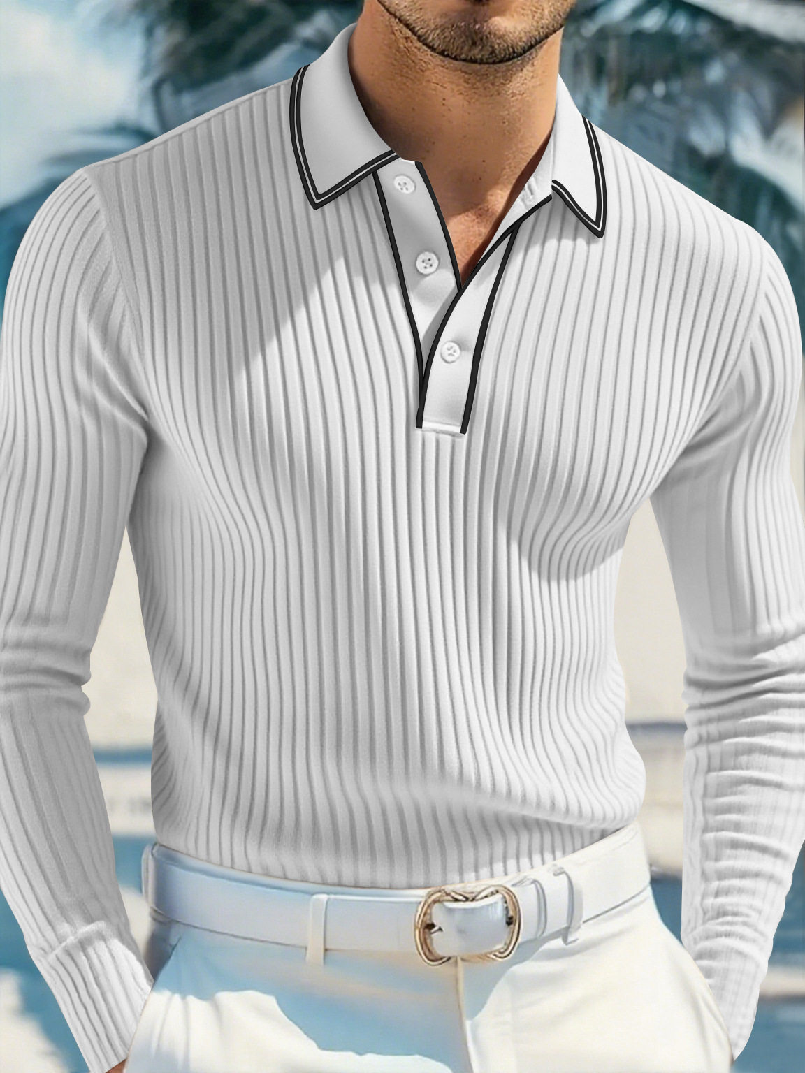 Transfronterizo Europa y América Amazon explosión de comercio exterior hombre camisa de manga larga botón transfronterizo estriado con la solapa de manga larga polo hombre