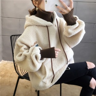 Ins Style Age-reducing Lamb Velvet Embroidered Sweatshirt Women's Winter Hooded fleece-lined Thickened plus size Women's Coat