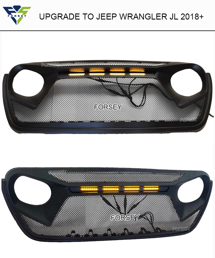 Suitable for 2018+ Jeep Wrangler JL front grille with lights, front bumper center mesh