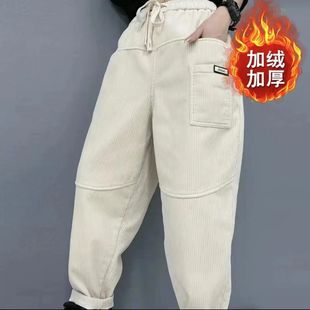 2024 Winter New Corduroy fleece-lined Thickened Harlan Pants Labeling Fashion Trousers Loose All-match Trendy Loose Waist
