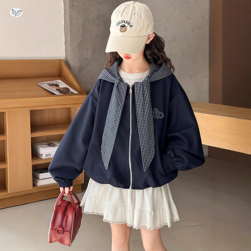 女童2025年秋季新款格子连帽外套中大童春秋拉链宽松卫衣夹克衫潮|undefined