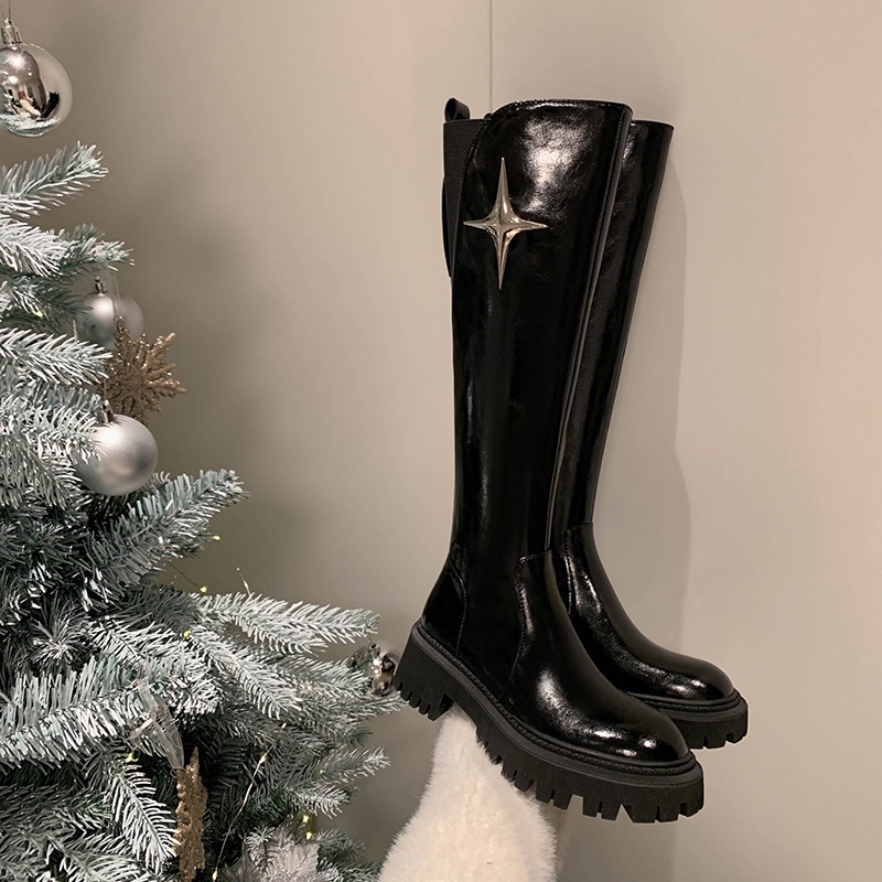 Leather black brown high boots platform