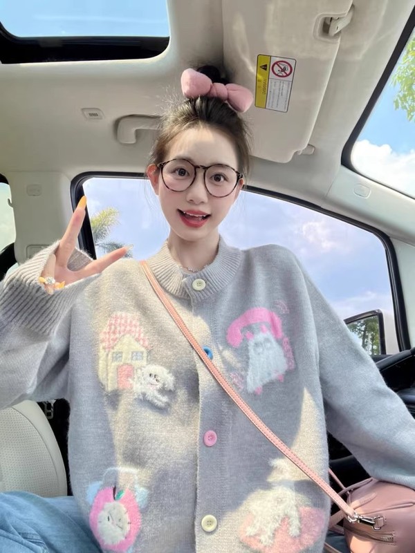 韩系chic巨好看的卡通提花针织开衫女装2025秋季软糯甜美减龄上衣|undefined