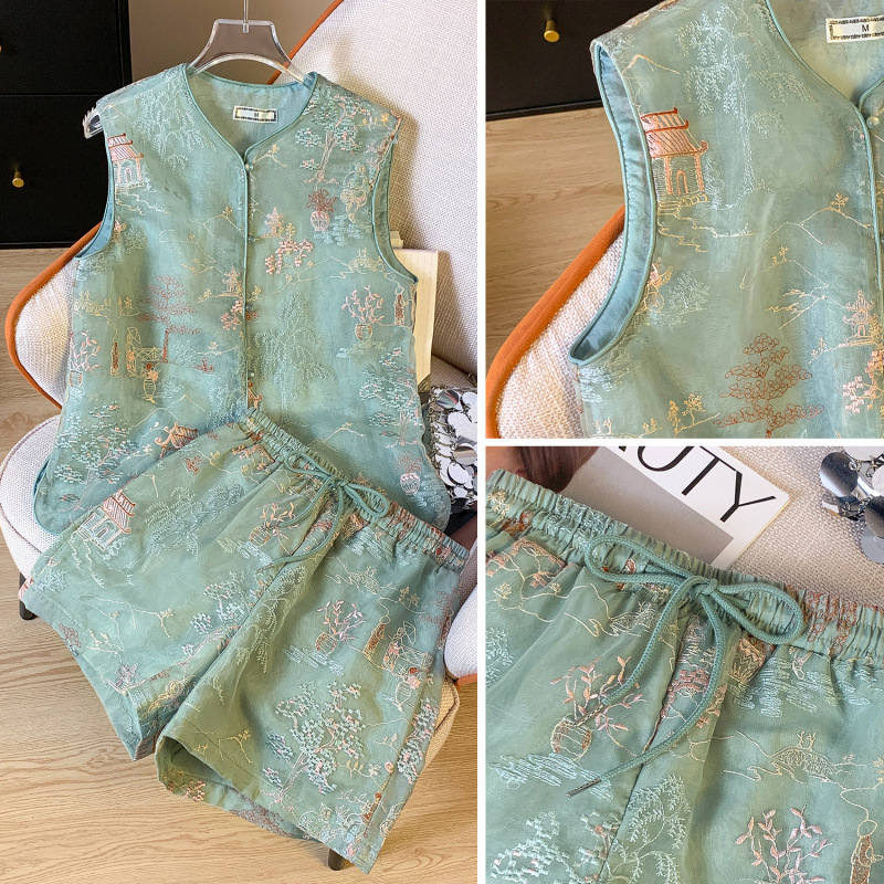 リアルショット夏の新しい中国風スーツ女性用マルベリーシルクオーガンザ重工業錆花ショートトップ+ショーツ|undefined