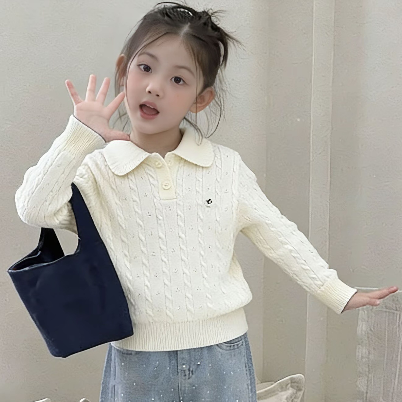 2026春秋新款女童娃娃领打底针织衫polo衫中大儿童毛衣学院风上衣