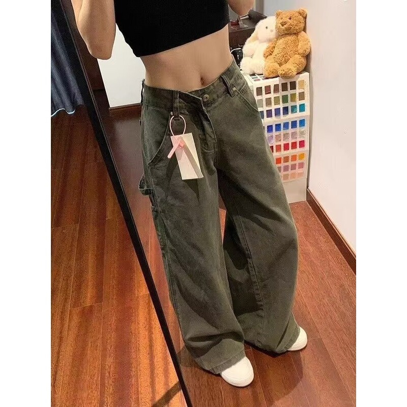 美式军绿色工装裤女生新款多口袋复古休闲阔腿宽松直筒微喇牛仔裤|undefined