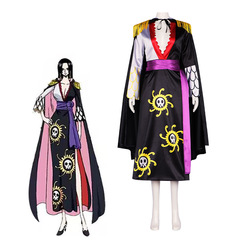 Snake Empress Boa Hancock cosplay outfit, featuring a black and white suit with a Japanese-style kimono and long skirt.