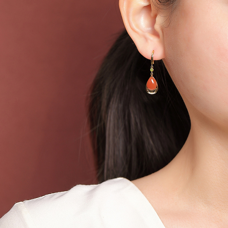 Khuyên tai nữ bạc S925 mạ vàng hồng đính mã não jasper hình giọt nước phong cách thanh lịch — Cặp đôi