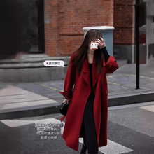红色双面羊绒大衣女2023秋冬新款韩版赫本风长款羊毛呢大衣外套女