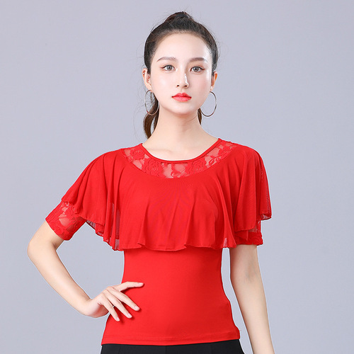 Square Dance Modern Dance Waltz Top Women's Round Neck New Dance Clothes Ruffled Latin Dance Clothing Summer Ballroom Dance