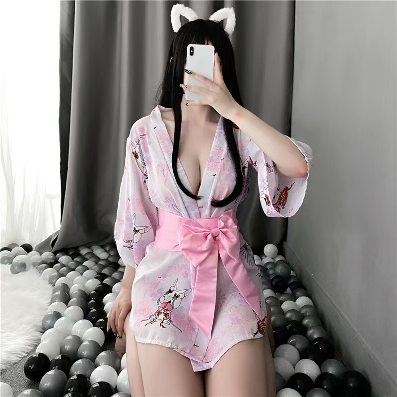 New Style Sexy Lingerie Japanese-Style Kimono Love Bunny Kimono Bathrobe Nightgown Set Uniform Temptation Red