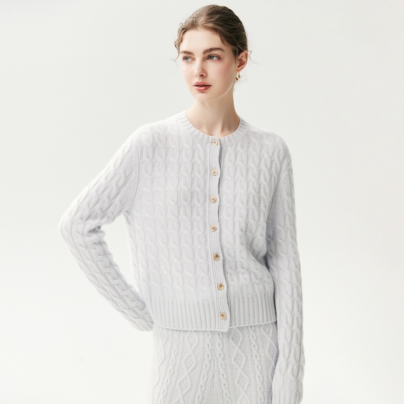 COS-style, four-ply thickened cashmere knit cardigan, new women’s style, thickened round-neck cable-knit sweater, warm outerwear