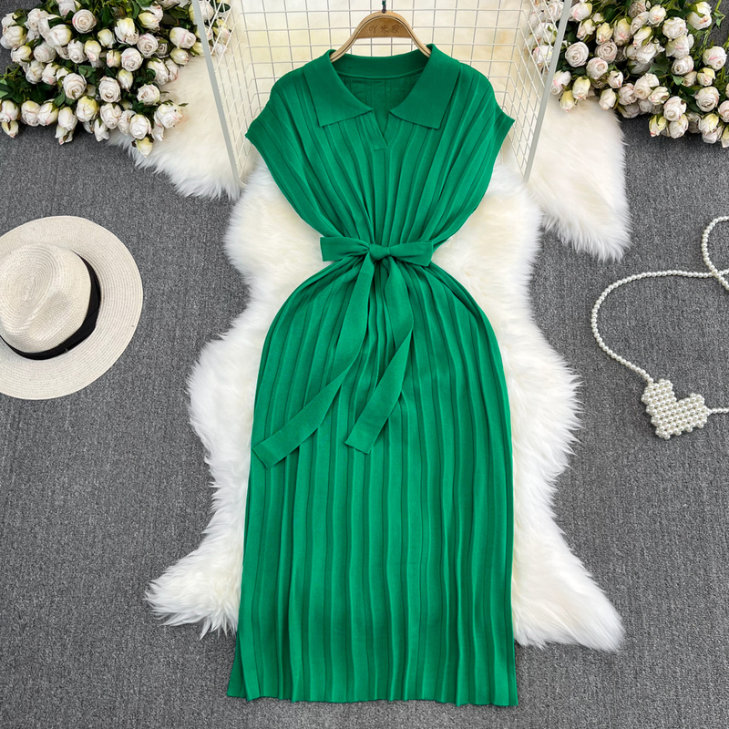 2026 Summer French Retro Style Polo Collar Loose Waist-Cinching Tie A-Line Knitted Dress Casual Long Dress