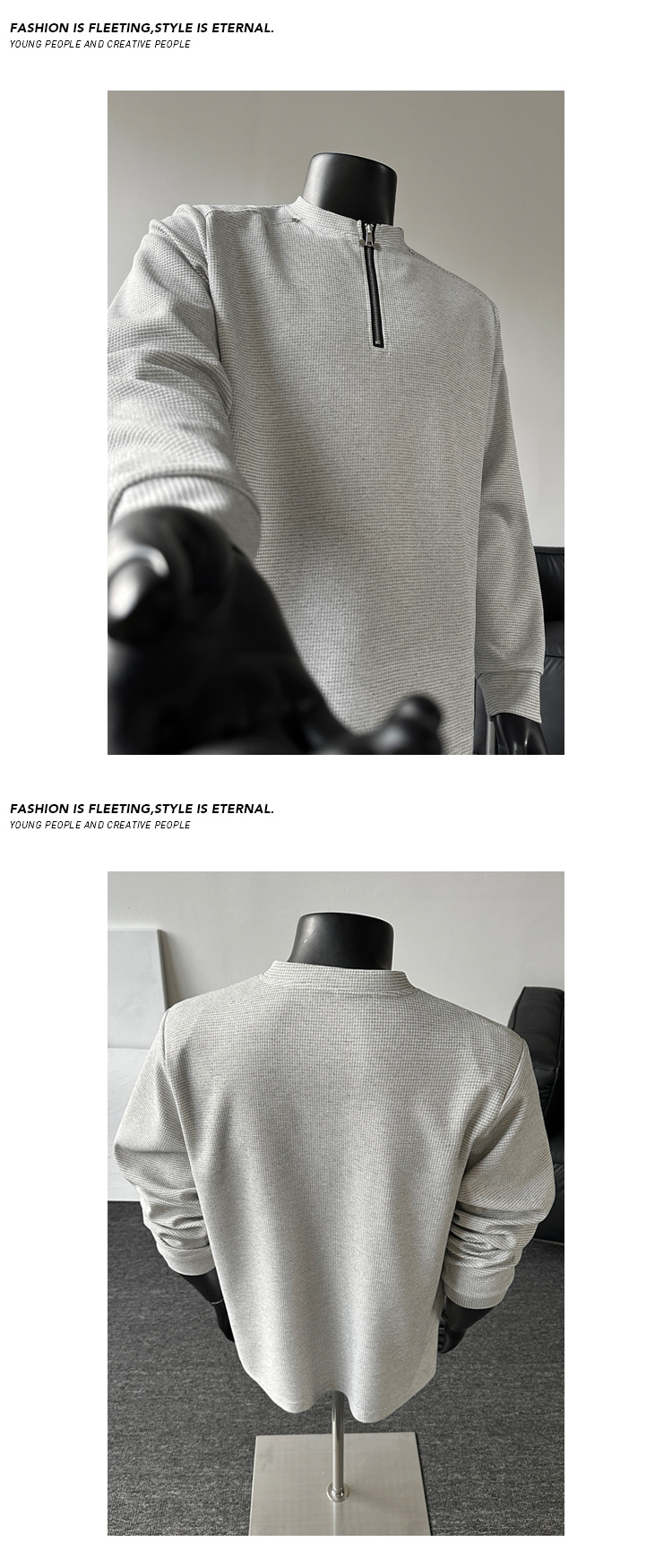T-shirt a maniche lunghe uomo in maglia waffle con zip e patchwork_voghion.com