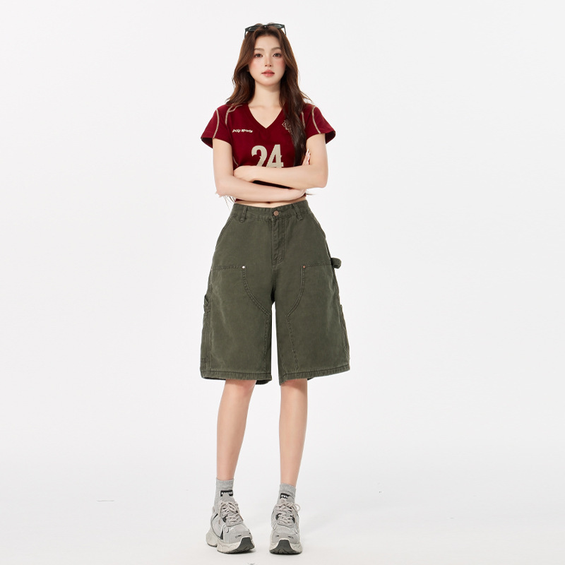 Army Green Workwear Five-Point Jeans for Women Summer High-Waisted Straight Loose Khaki Versatile Wide-Leg Shorts