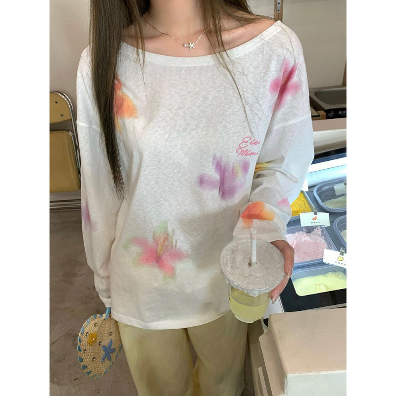 S010 Dyed Flower Large Collar Slightly See-Through Sun Protection Blouse 2025 New Loose Thin White Long-Sleeved Top for Women Summer
