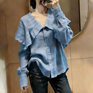 蓝色大气大码上衣女2026夏季新款松弛感百搭亚麻衬衫