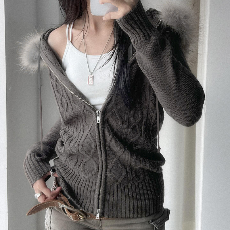 Autumn and Winter New Retro Twist-Knit Zip-Up Cardigan Sweater, Slim-Fit Trendy Warm Hooded Coat