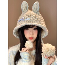 可爱兔子耳朵手工针织毛线帽女秋冬季新款保暖护耳雷锋帽子套头帽